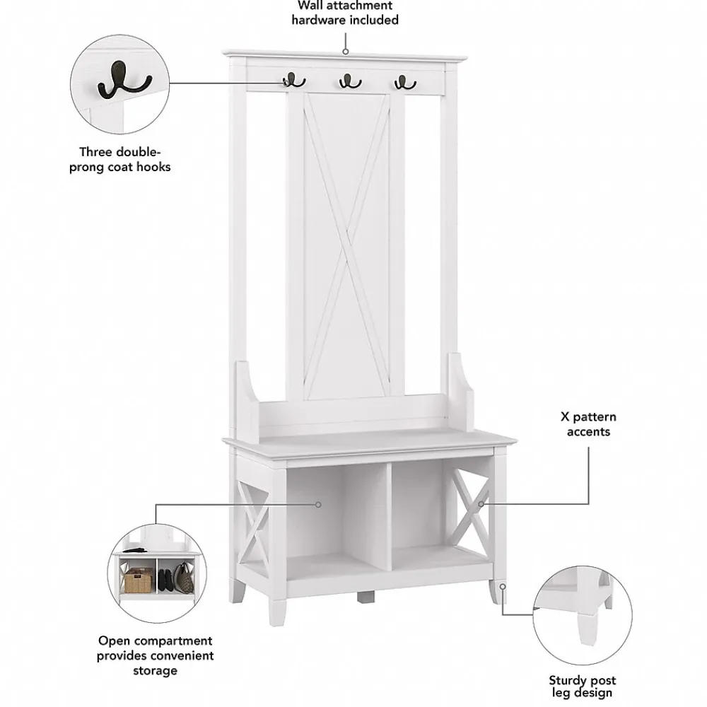Storage Cabinets*Bush Furniture Key West 66" Hall Tree with Shoe Storage Bench, Pure White Oak (KWS166WT-03)