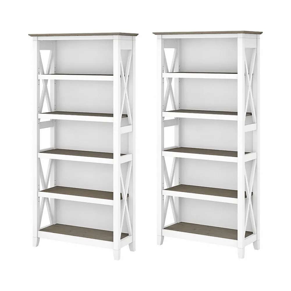 Bookcases*Bush Furniture Key West 66"H 5-Shelf Bookcase with Adjustable Shelves, Shiplap Gray/Pure White Laminated Wood, 2/Set (KWS046G2W)