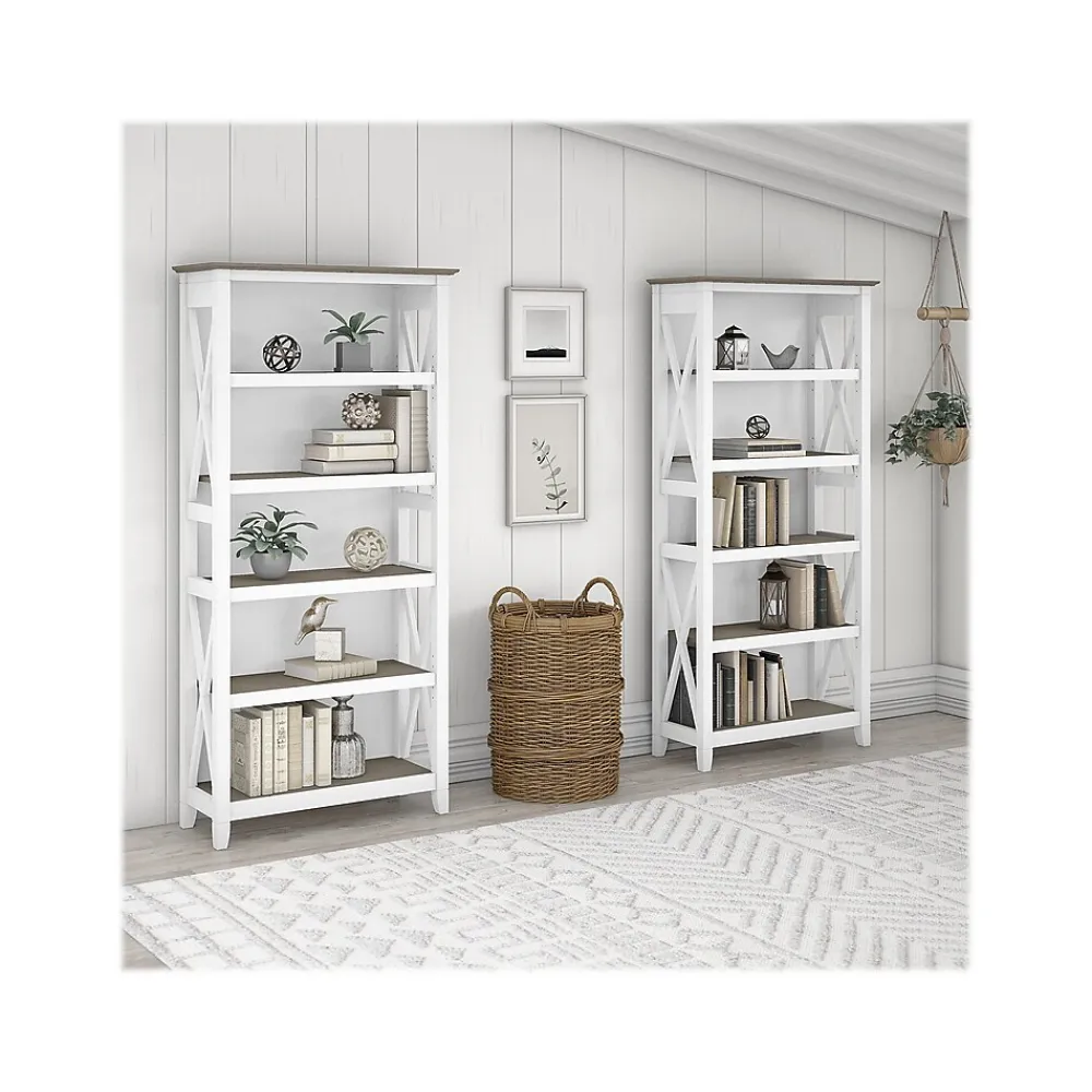 Bookcases*Bush Furniture Key West 66"H 5-Shelf Bookcase with Adjustable Shelves, Shiplap Gray/Pure White Laminated Wood, 2/Set (KWS046G2W)