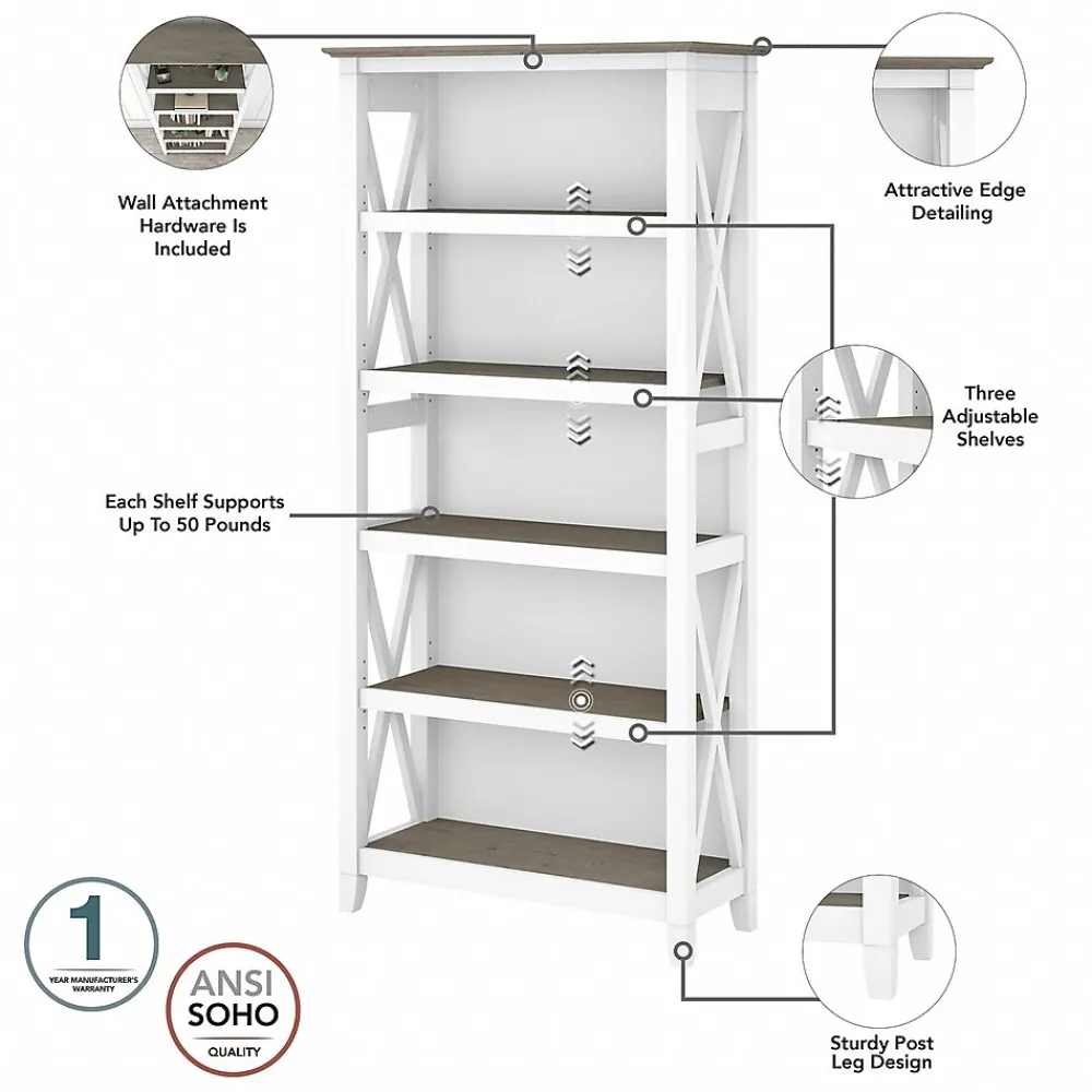 Bookcases*Bush Furniture Key West 66"H 5-Shelf Bookcase with Adjustable Shelves, Shiplap Gray/Pure White Laminated Wood, 2/Set (KWS046G2W)