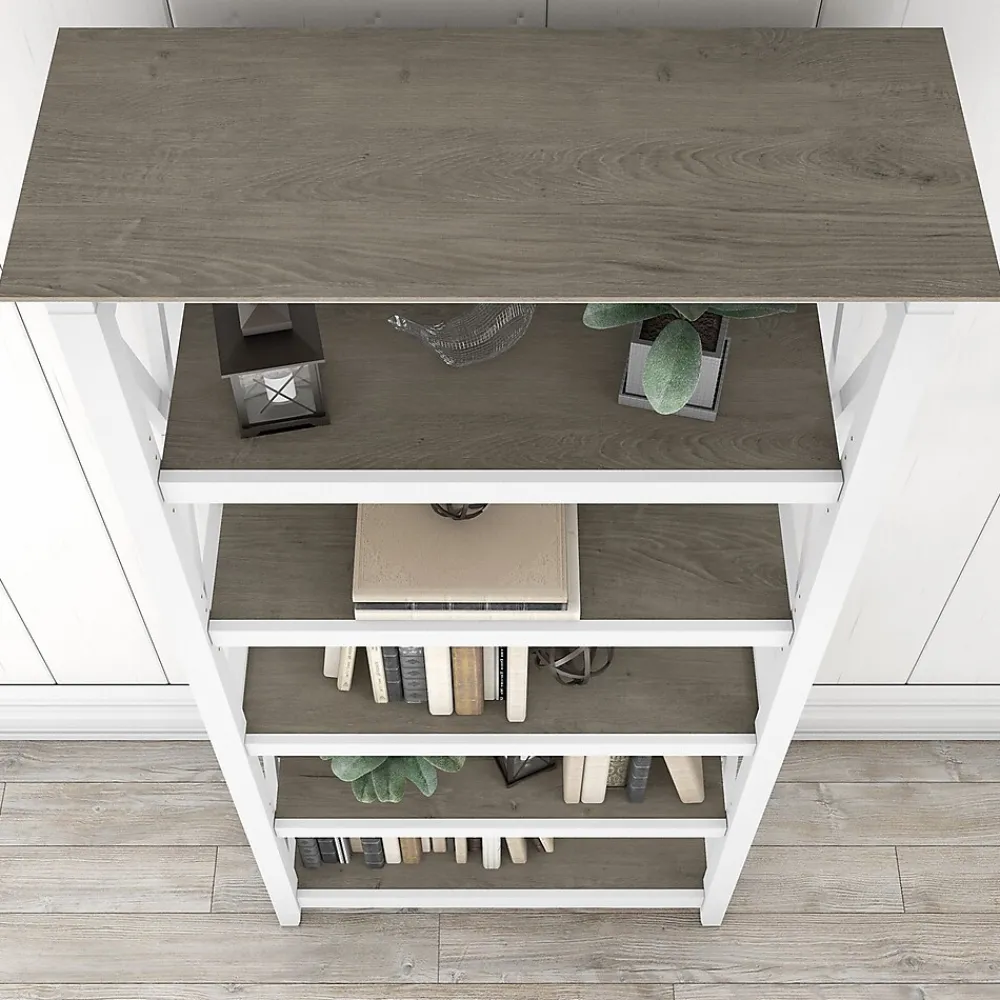 Bookcases*Bush Furniture Key West 66"H 5-Shelf Bookcase with Adjustable Shelves, Shiplap Gray/Pure White Laminated Wood, 2/Set (KWS046G2W)
