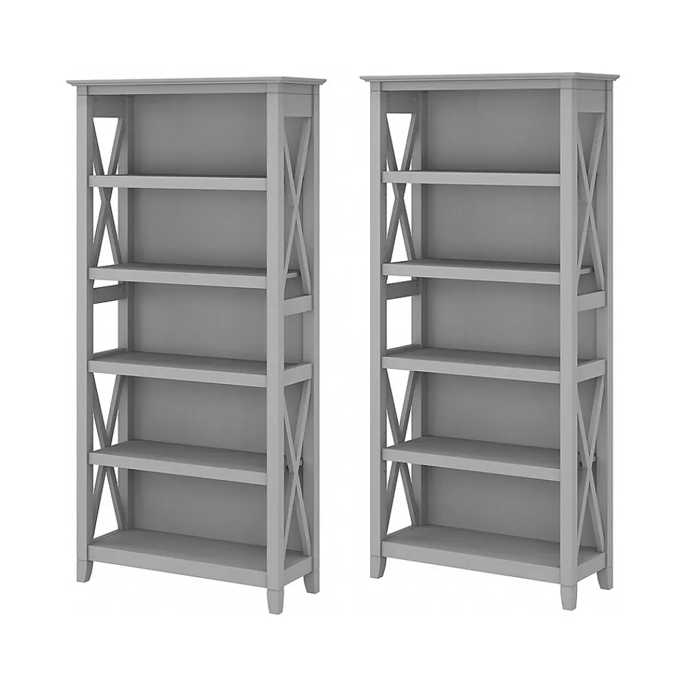 Bookcases*Bush Furniture Key West 66"H 5-Shelf Bookcase with Adjustable Shelves, Cape Cod Gray Laminated Wood, 2/Set (KWS046CG)