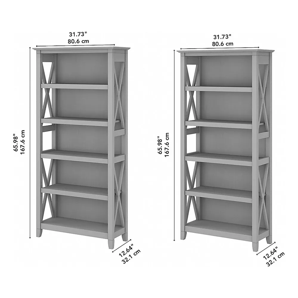 Bookcases*Bush Furniture Key West 66"H 5-Shelf Bookcase with Adjustable Shelves, Cape Cod Gray Laminated Wood, 2/Set (KWS046CG)
