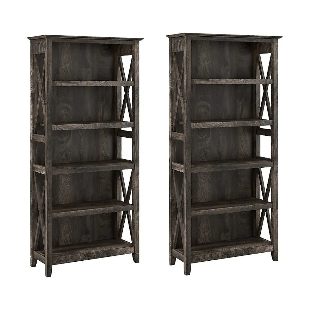 Bookcases*Bush Furniture Key West 66"H 5-Shelf Bookcase with Adjustable Shelves, Dark Gray Hickory Wood, 2/Set (KWS046GH)