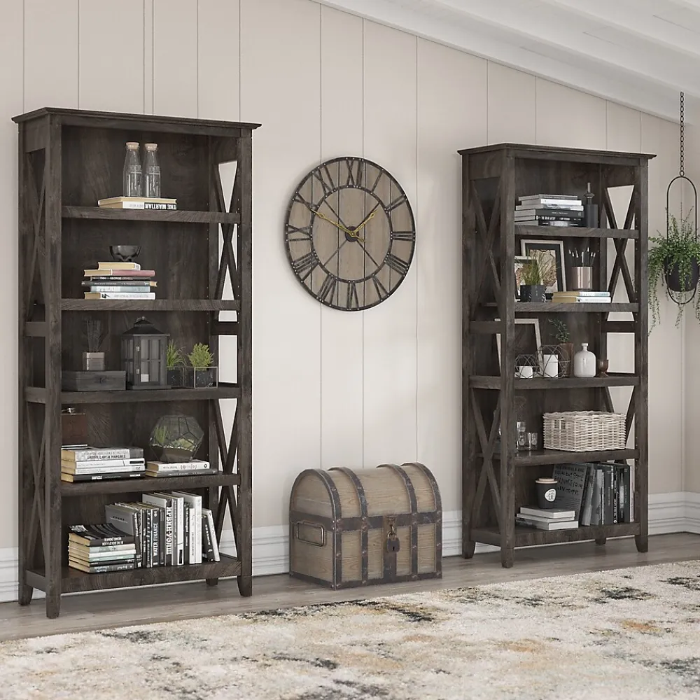 Bookcases*Bush Furniture Key West 66"H 5-Shelf Bookcase with Adjustable Shelves, Dark Gray Hickory Wood, 2/Set (KWS046GH)