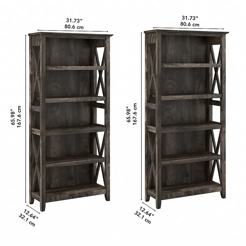 Bookcases*Bush Furniture Key West 66"H 5-Shelf Bookcase with Adjustable Shelves, Dark Gray Hickory Wood, 2/Set (KWS046GH)