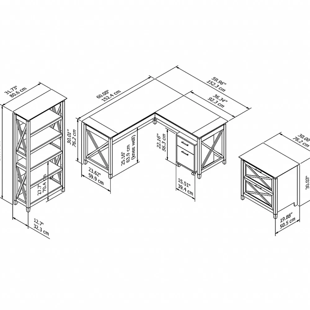 L-Desks*Bush Furniture Key West 60"W L Shaped Desk with File Cabinets and 5 Shelf Bookcase, Washed Gray (KWS017WG)