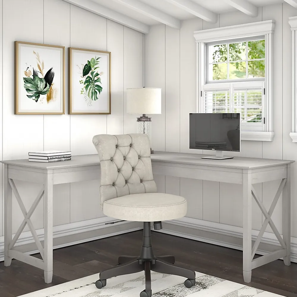 L-Desks*Bush Furniture Key West 60"W L Shaped Desk with Mid Back Tufted Office Chair, Linen White Oak (KWS045LW)