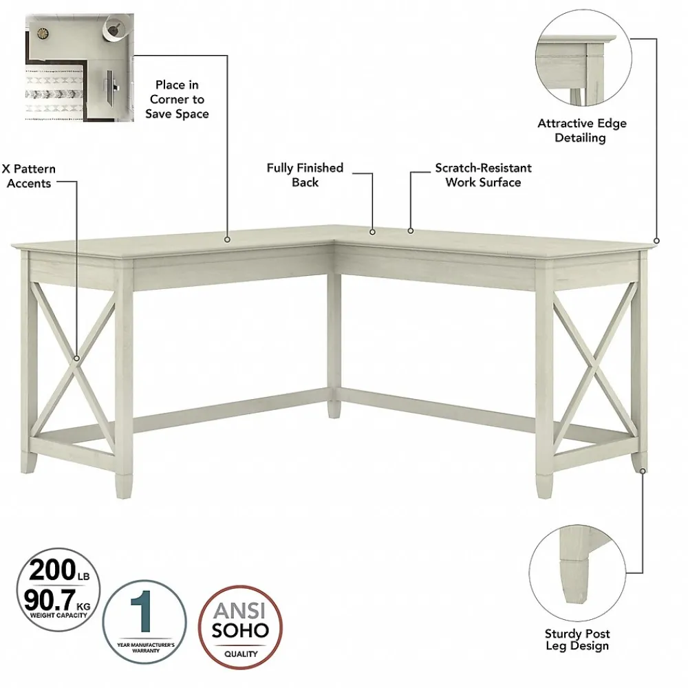 L-Desks*Bush Furniture Key West 60"W L Shaped Desk with Mid Back Tufted Office Chair, Linen White Oak (KWS045LW)
