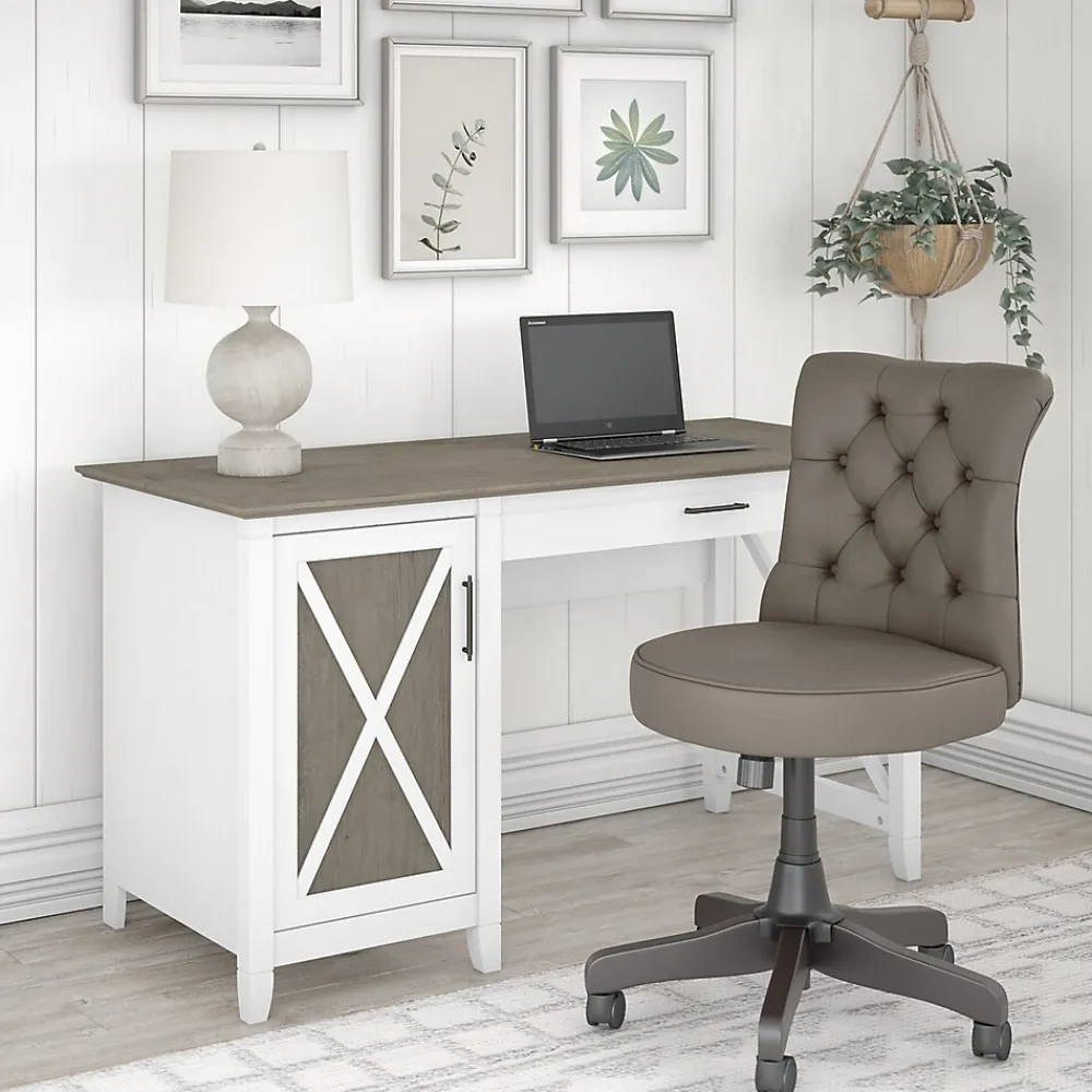 Office Desks*Bush Furniture Key West 54"W Computer Desk with Storage and Mid-Back Tufted Office Chair, Shiplap Gray/Pure White (KWS020G2W)