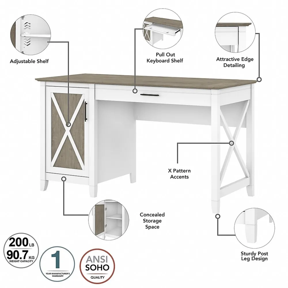 Office Desks*Bush Furniture Key West 54"W Computer Desk with Storage and Mid-Back Tufted Office Chair, Shiplap Gray/Pure White (KWS020G2W)