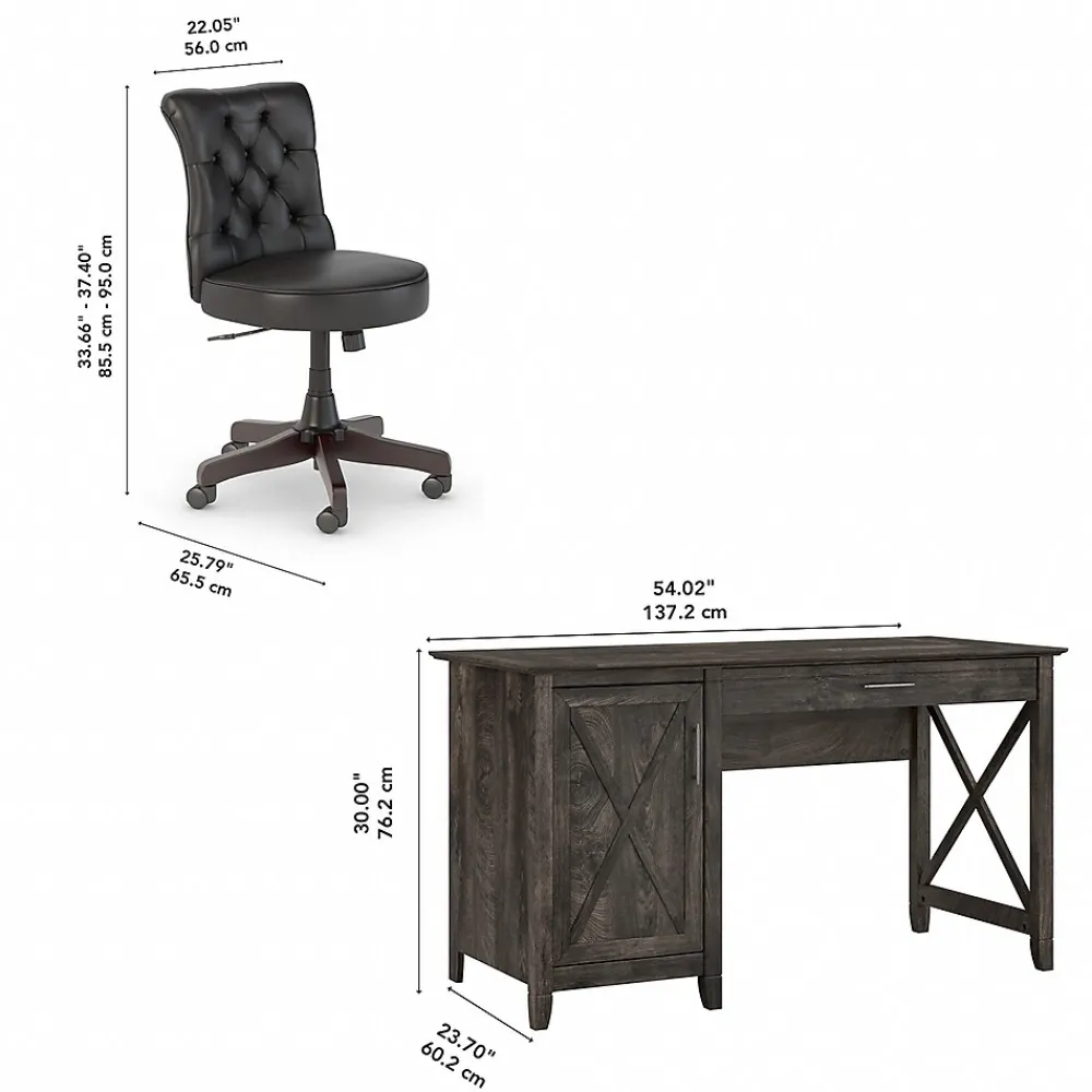 Computer Desks*Bush Furniture Key West 54"W Computer Desk with Storage and Mid-Back Tufted Office Chair, Dark Gray Hickory (KWS020GH)