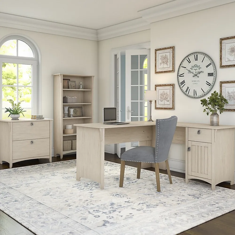 Office Desks*Bush Furniture Salinas 60"W L Shaped Desk with Lateral File Cabinet and 5 Shelf Bookcase, (SAL003AW) Antique White