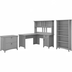 L-Desks*Bush Furniture Salinas 60"W L Shaped Desk with Hutch, Lateral File Cabinet and 5 Shelf Bookcase, (SAL007CG) Cape Cod Gray