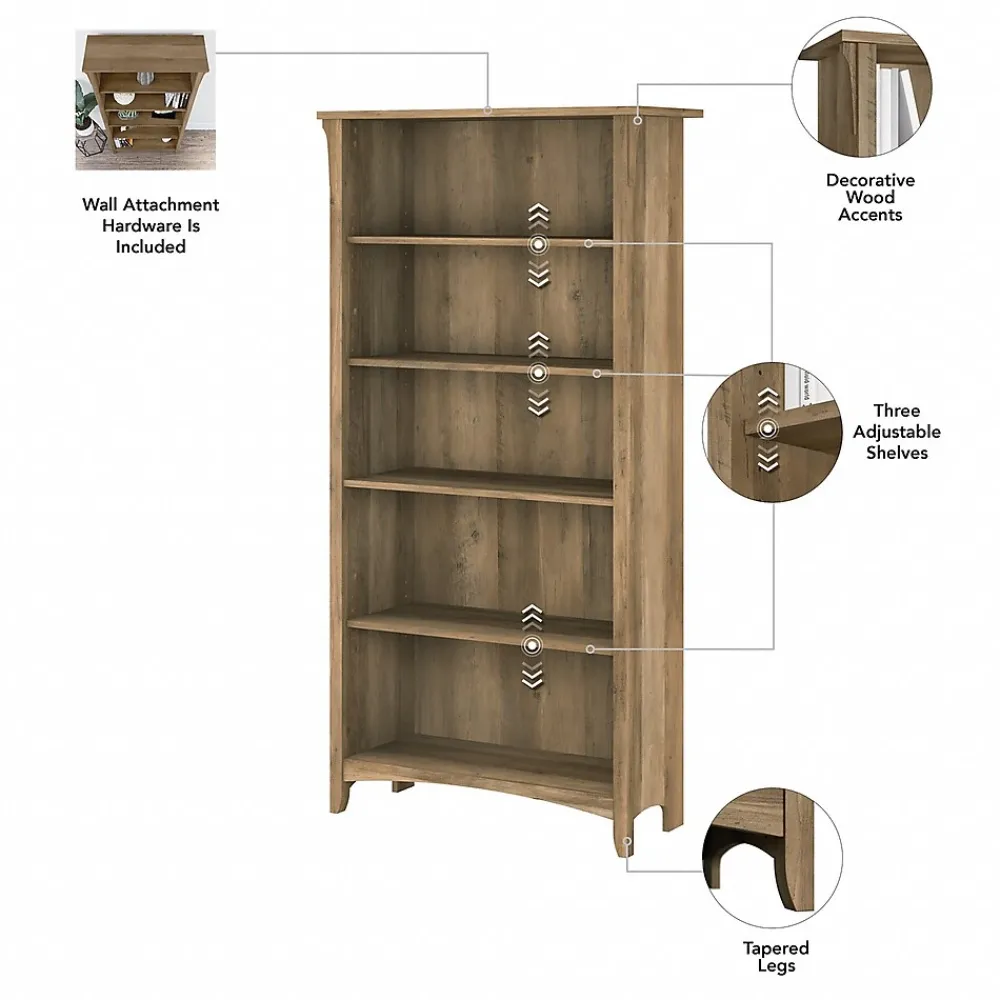 L-Desks*Bush Furniture Salinas 60"W L Shaped Desk with Hutch, Lateral File Cabinet and 5 Shelf Bookcase, (SAL007RCP) Reclaimed Pine