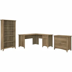 L-Desks*Bush Furniture Salinas 60"W L Shaped Desk with Lateral File Cabinet and 5 Shelf Bookcase, (SAL003RCP) Reclaimed Pine