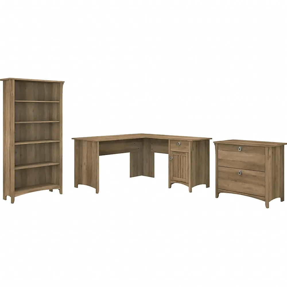 L-Desks*Bush Furniture Salinas 60"W L Shaped Desk with Lateral File Cabinet and 5 Shelf Bookcase, (SAL003RCP) Reclaimed Pine