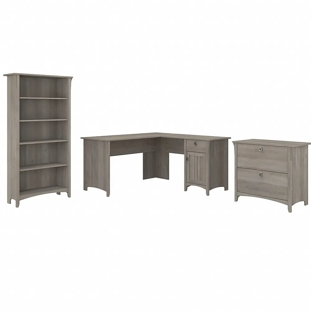 L-Desks*Bush Furniture Salinas 60"W L Shaped Desk with Lateral File Cabinet and 5 Shelf Bookcase, (SAL003DG) Driftwood Gray