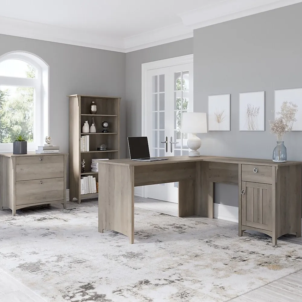 L-Desks*Bush Furniture Salinas 60"W L Shaped Desk with Lateral File Cabinet and 5 Shelf Bookcase, (SAL003DG) Driftwood Gray