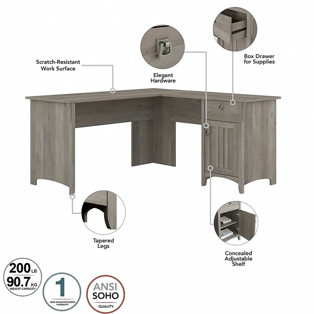 L-Desks*Bush Furniture Salinas 60"W L Shaped Desk with Lateral File Cabinet and 5 Shelf Bookcase, (SAL003DG) Driftwood Gray