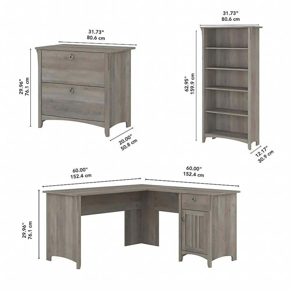 L-Desks*Bush Furniture Salinas 60"W L Shaped Desk with Lateral File Cabinet and 5 Shelf Bookcase, (SAL003DG) Driftwood Gray