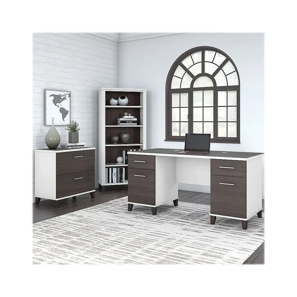 Computer Desks*Bush Furniture Somerset 60" Computer Desk with Lateral File Cabinet and 5-Shelf Bookcase, (SET013SGWH) Storm Gray/White