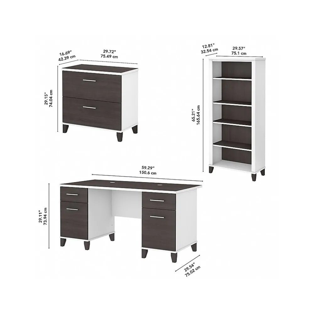 Computer Desks*Bush Furniture Somerset 60" Computer Desk with Lateral File Cabinet and 5-Shelf Bookcase, (SET013SGWH) Storm Gray/White
