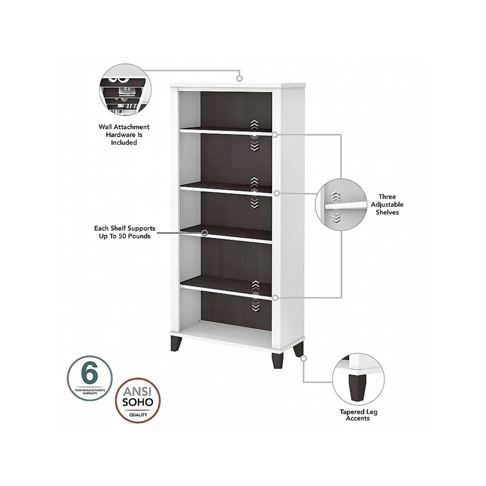 Computer Desks*Bush Furniture Somerset 60" Computer Desk with Lateral File Cabinet and 5-Shelf Bookcase, (SET013SGWH) Storm Gray/White