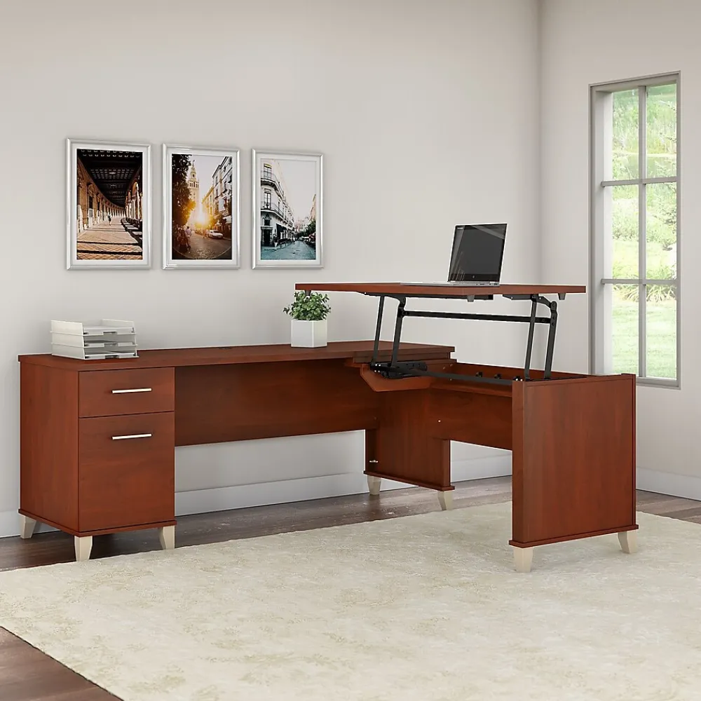 L-Desks*Bush Furniture Somerset 72"W 3 Position Sit to Stand L Shaped Desk, (SET014HC) Hansen Cherry