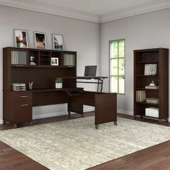 L-Desks*Bush Furniture Somerset 72"W 3 Position Sit to Stand L Shaped Desk with Hutch and Bookcase, (SET017MR) Mocha Cherry