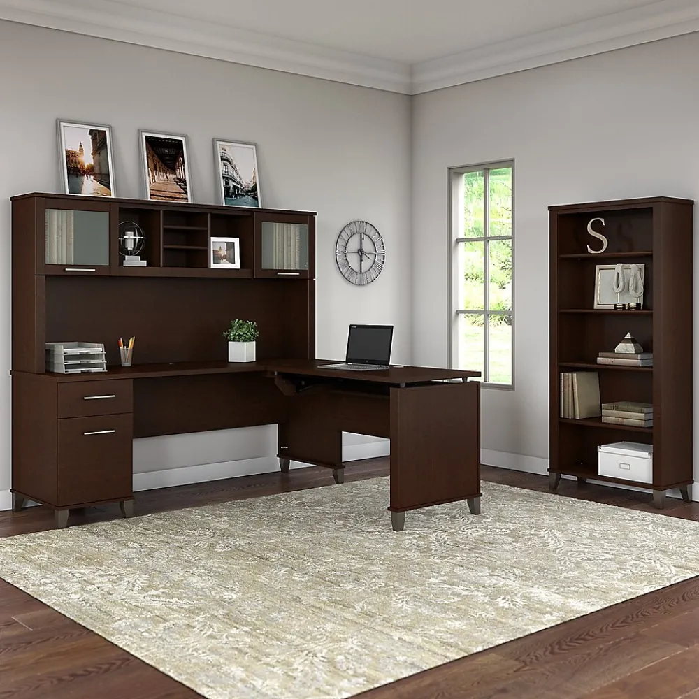 L-Desks*Bush Furniture Somerset 72"W 3 Position Sit to Stand L Shaped Desk with Hutch and Bookcase, (SET017MR) Mocha Cherry