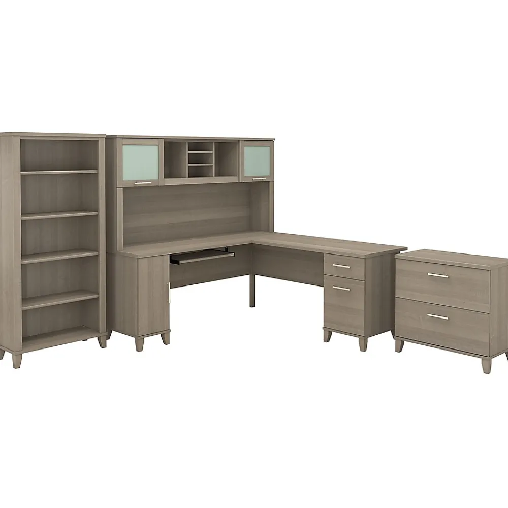 L-Desks*Bush Furniture Somerset 72"W L Shaped Desk with Hutch, Lateral File Cabinet and Bookcase, (SET012AG) Ash Gray