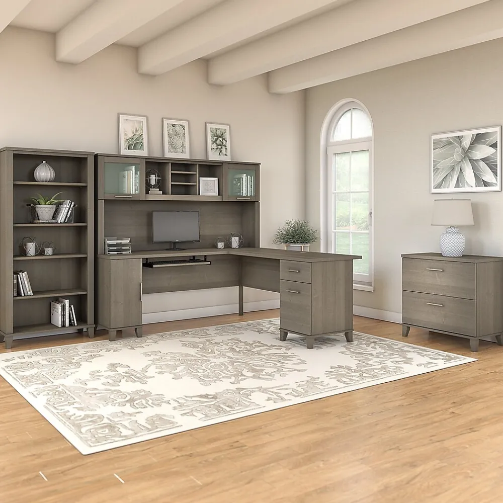 L-Desks*Bush Furniture Somerset 72"W L Shaped Desk with Hutch, Lateral File Cabinet and Bookcase, (SET012AG) Ash Gray