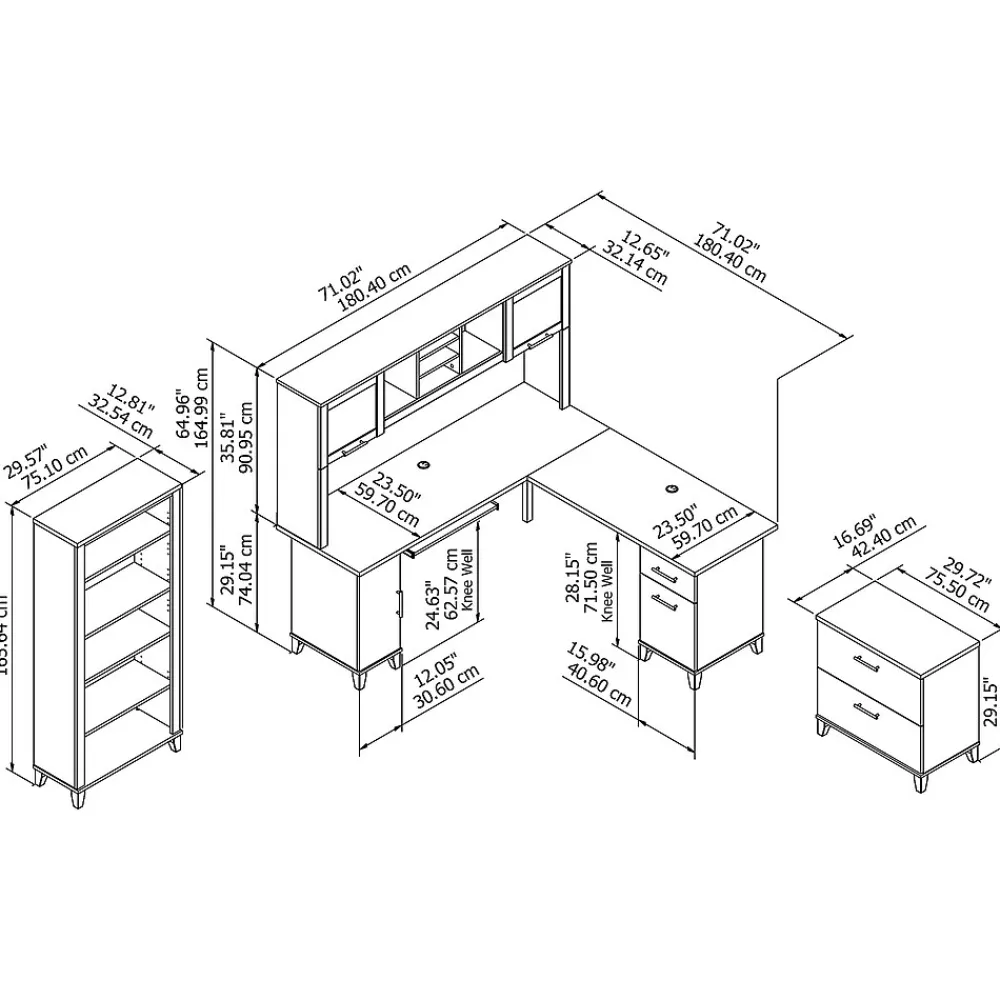 L-Desks*Bush Furniture Somerset 72"W L Shaped Desk with Hutch, Lateral File Cabinet and Bookcase, (SET012AG) Ash Gray