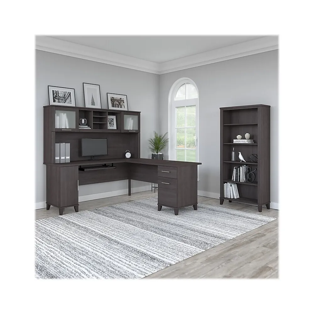 L-Desks*Bush Furniture Somerset 72"W L Shaped Desk with Hutch and 5 Shelf Bookcase, (SET011SG) Storm Gray