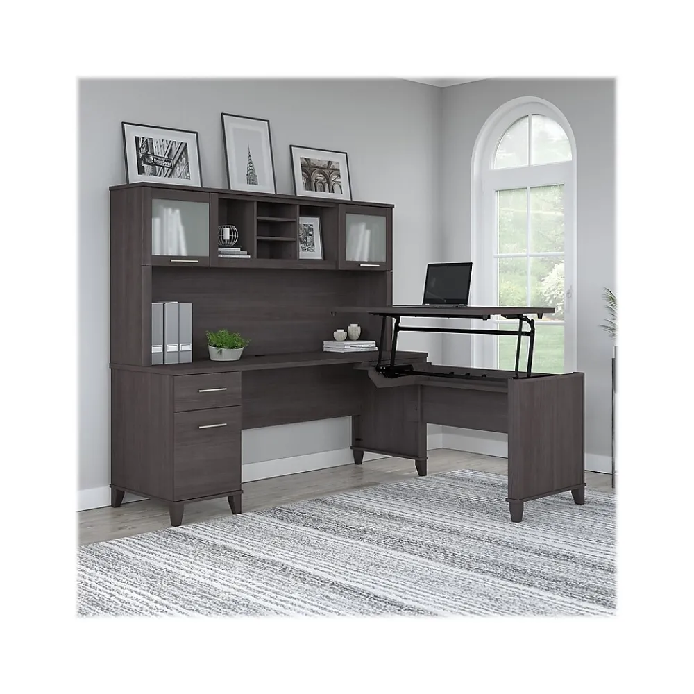 L-Desks*Bush Furniture Somerset 72"W 3 Position Sit to Stand L Shaped Desk with Hutch, (SET015SG) Storm Gray