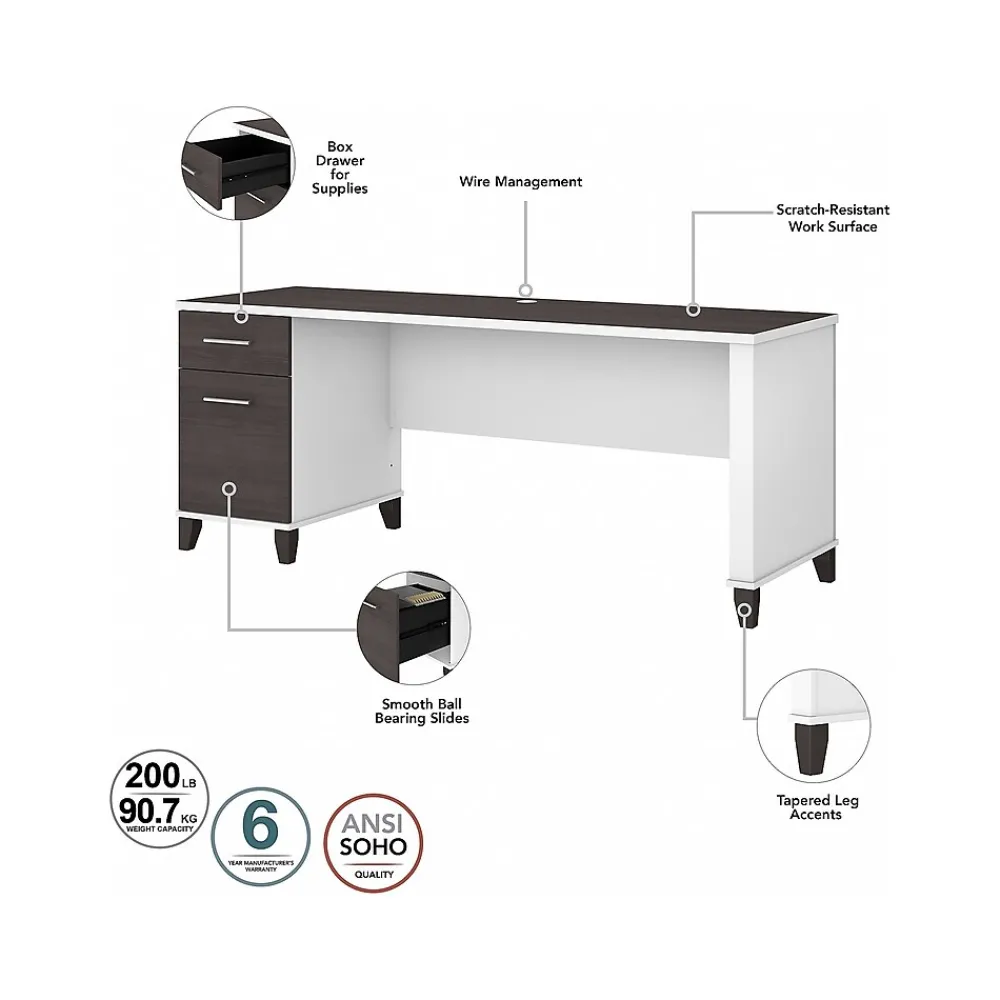 Computer Desks*Bush Furniture Somerset 72"W Office Desk with Drawers, (WC81072) Storm Gray/White