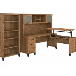 L-Desks*Bush Furniture Somerset 72"W 3 Position Sit to Stand L Shaped Desk with Hutch and Bookcase, (SET017FW) Fresh Walnut
