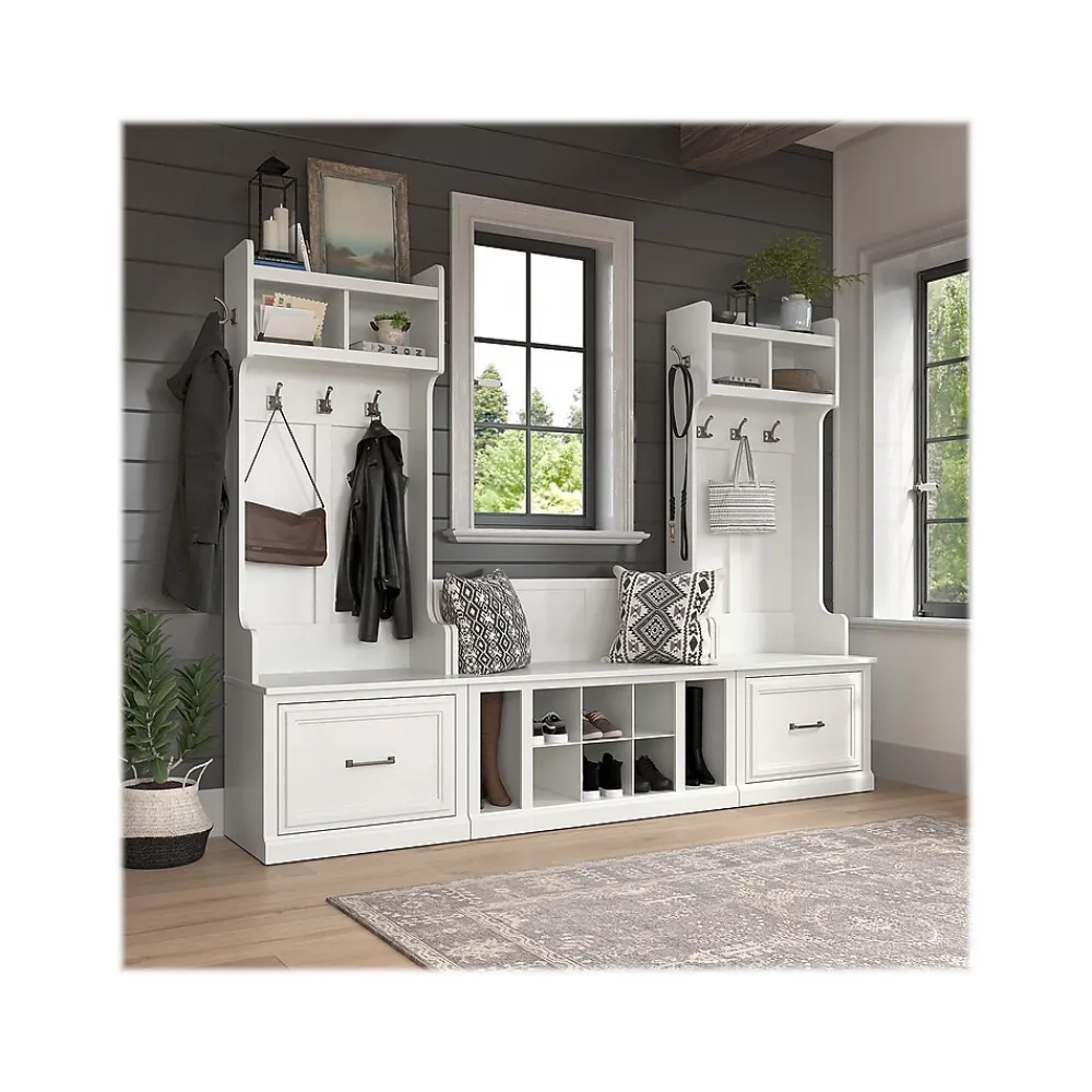 Storage Cabinets*Bush Furniture Woodland Entryway Storage Set with Hall Trees and Shoe Bench with Drawers, White Ash (WDL012WAS)