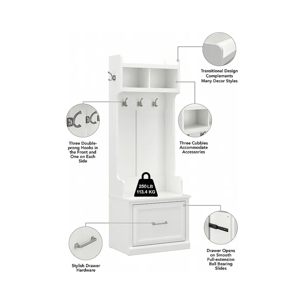 Storage Cabinets*Bush Furniture Woodland Entryway Storage Set with Hall Trees and Shoe Bench with Drawers, White Ash (WDL012WAS)
