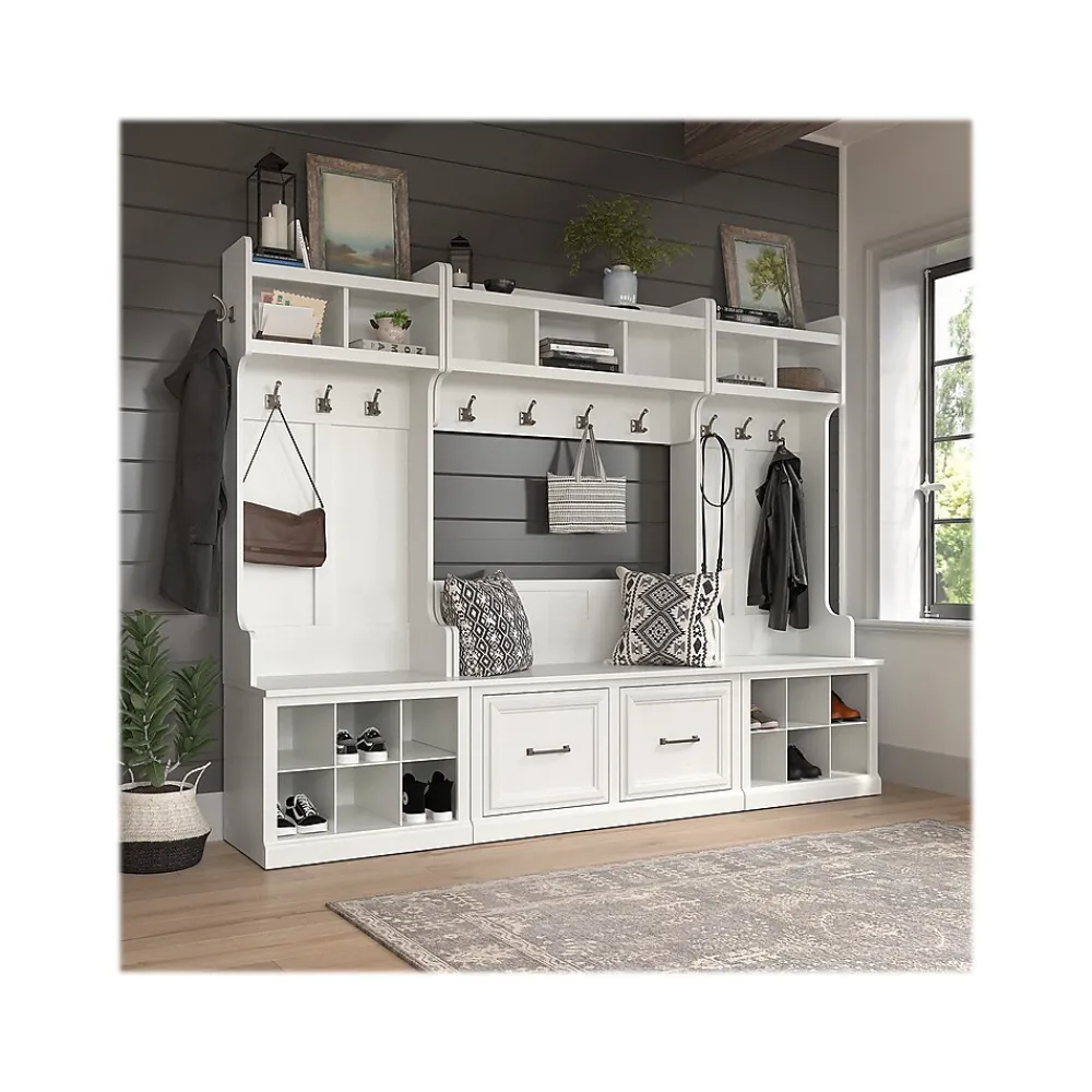 Storage Cabinets*Bush Furniture Woodland Full Entryway Storage Set with Coat Rack and Shoe Bench with Doors, White Ash (WDL013WAS)