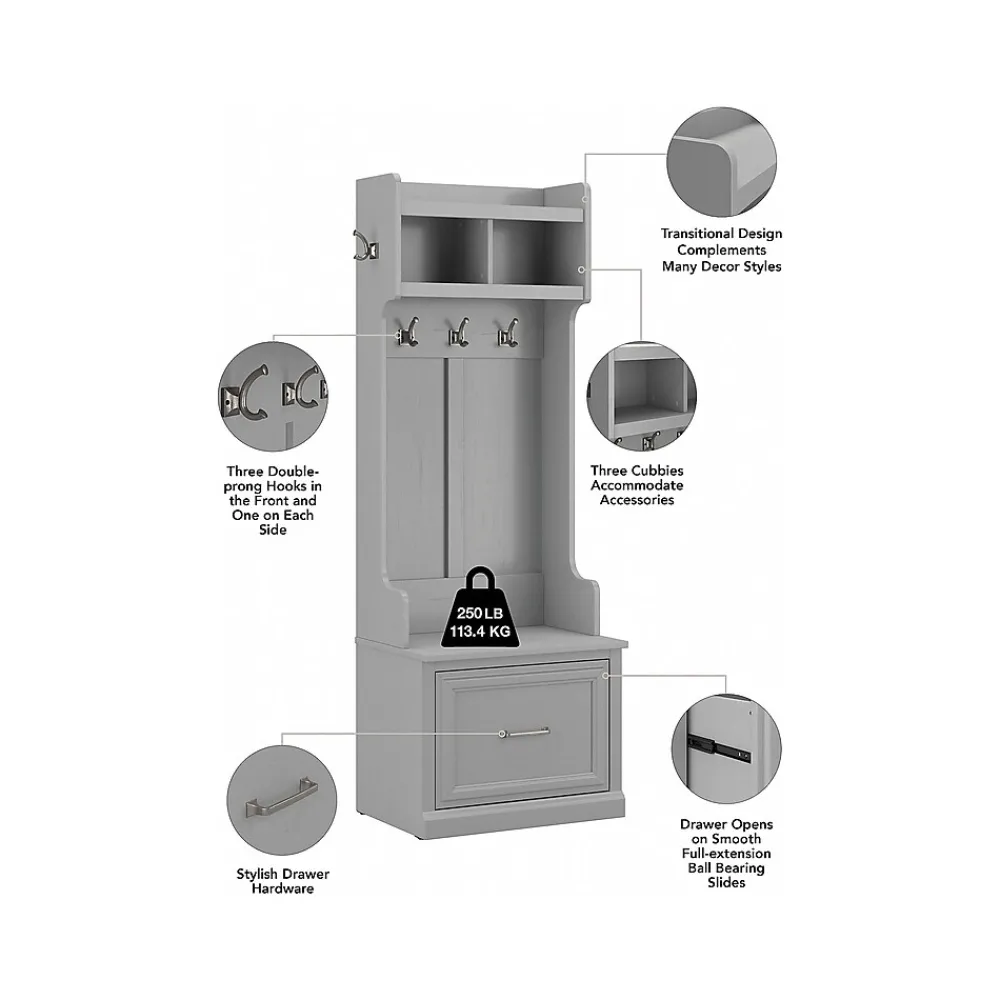 Storage Cabinets*Bush Furniture Woodland Full Entryway Storage Set with Coat Rack and Shoe Bench with Drawers, Cape Cod Gray (WDL014CG)