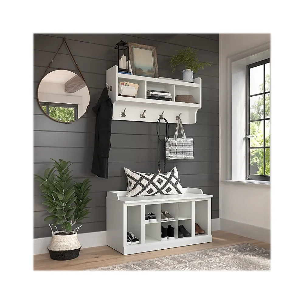 Storage Cabinets*Bush Furniture Woodland 40W Shoe Storage Bench with Shelves and Wall Mounted Coat Rack, White Ash (WDL004WAS)