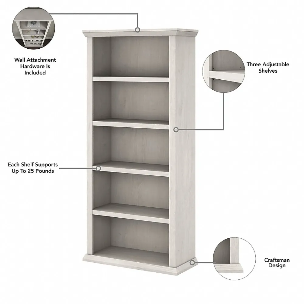 Bookcases*Bush Furniture Yorktown 67"H 5-Shelf Bookcase with Adjustable Shelves, Linen White Oak Laminated Wood, 2/Set (YRK012LW)