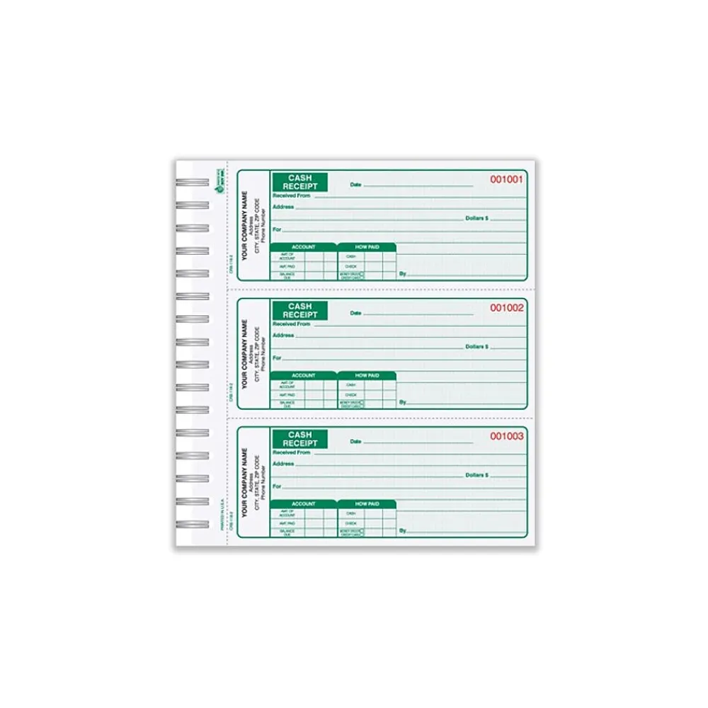 Accounting & Record Journals*Ennis Cash Receipt Books, 3-to-a-page, Duplicate, 225 Sets/Book, Green