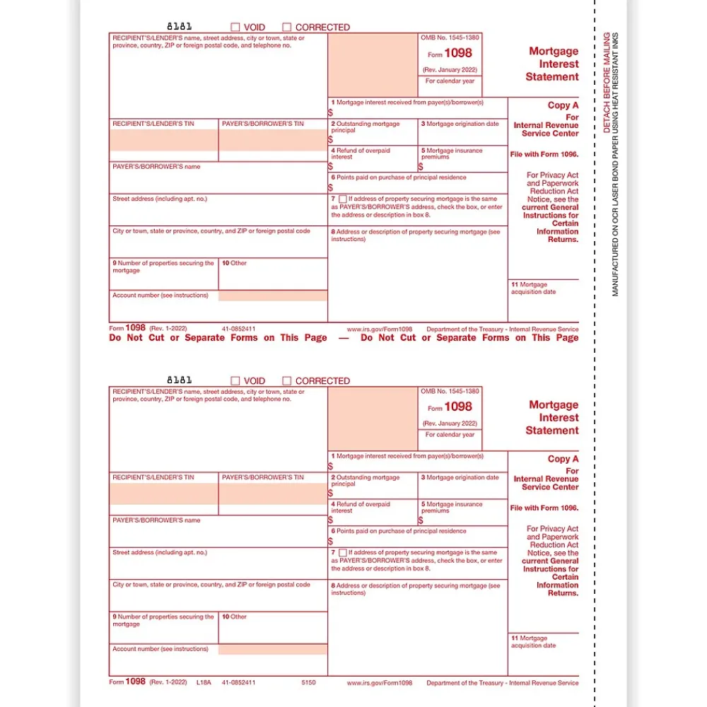 Tax Forms*ComplyRight 2024 1098 Tax Form, 1-Part, 2-Up, Copy A, 25/Pack (515025)