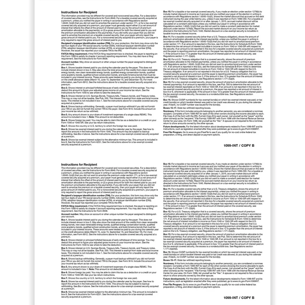 Tax Forms*ComplyRight 2024 1099-INT Tax Form, 1-Part, 2-Up, Copy B, 50/Pack (512150)