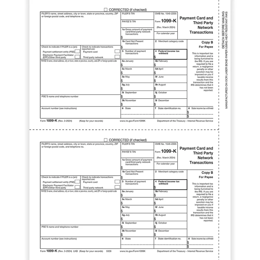 Tax Forms*ComplyRight 2024 1099-K Tax Form, 1-Part, 2-Up, 100/Pack (5326)