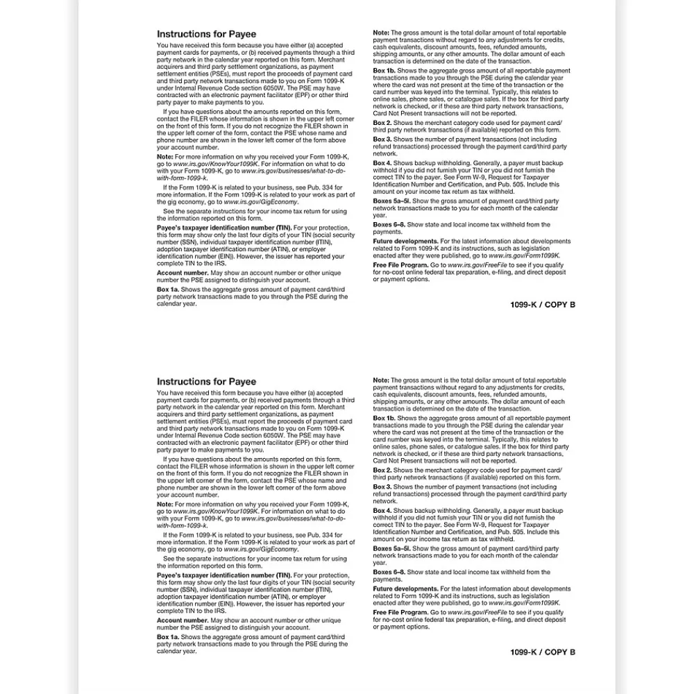 Tax Forms*ComplyRight 2024 1099-K Tax Form, 1-Part, 2-Up, 100/Pack (5326)