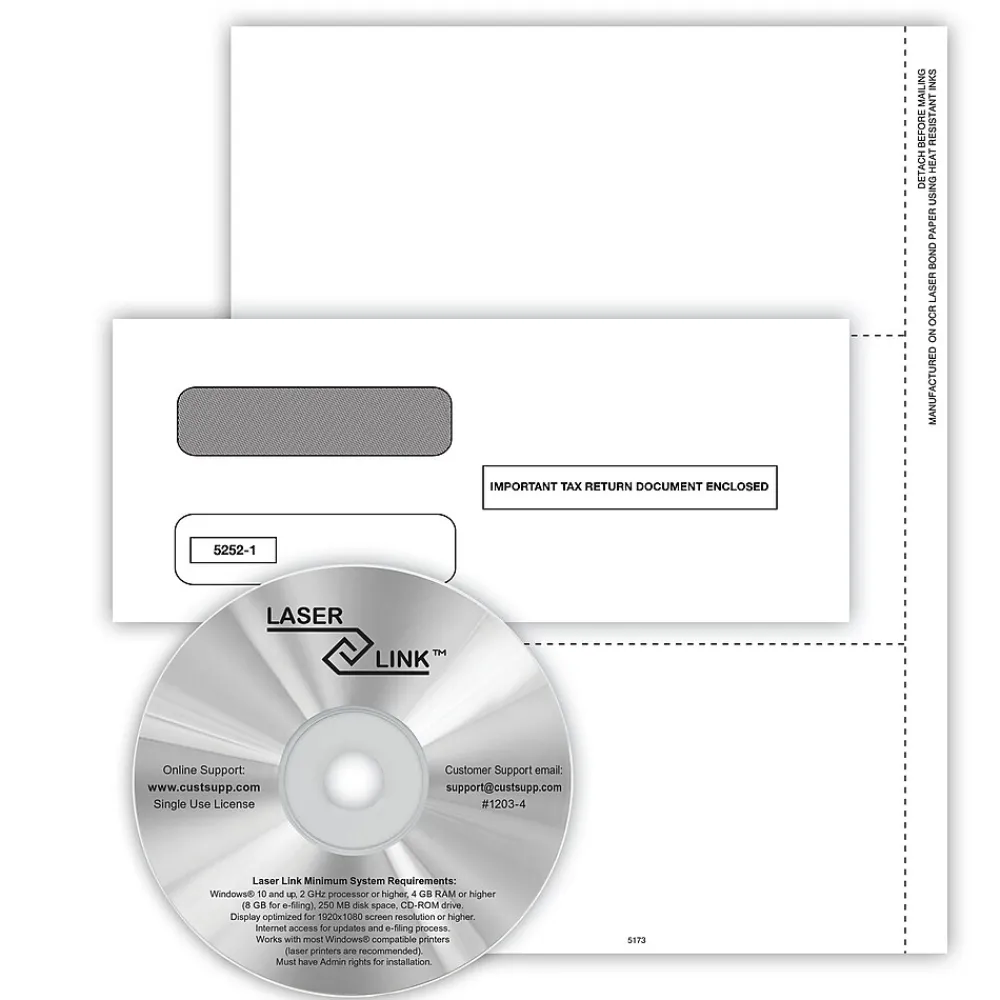 Tax Forms*ComplyRight 2024 1099-MISC Recipient Copy Only Tax Form Envelopes and LaserLink Software, 2-Up, White, 50/Pack (5173ES)